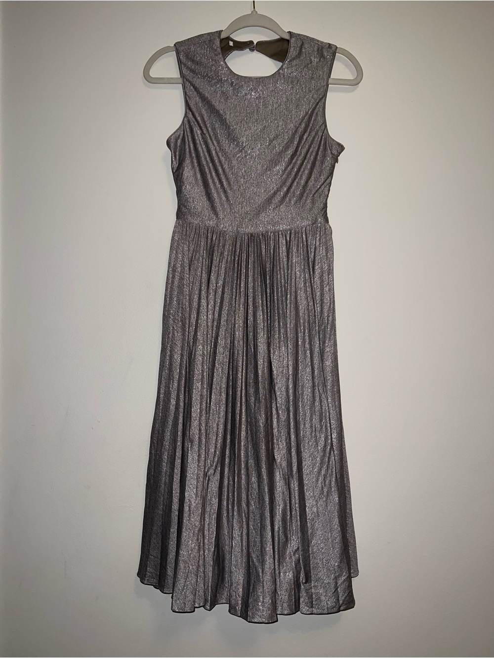 Marks and Spencer M&S Sleeveless Metallic Silver Midi Dress Pleated Skirt